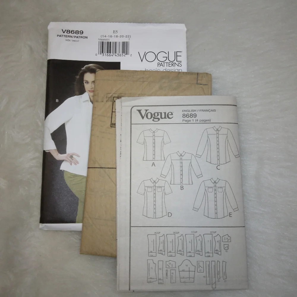 VOGUE V8689 Sz 14-22 Misses' Button-Down Yoke Shirts, EASY